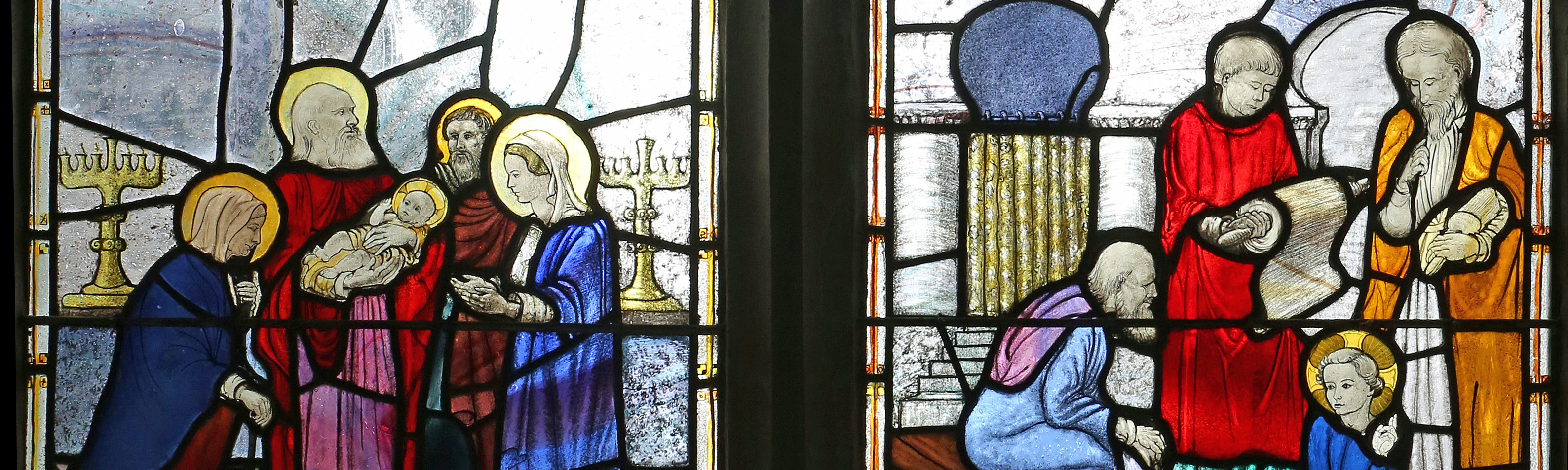 South Nave window post 1940 nativity and boy christ meet the pharisees